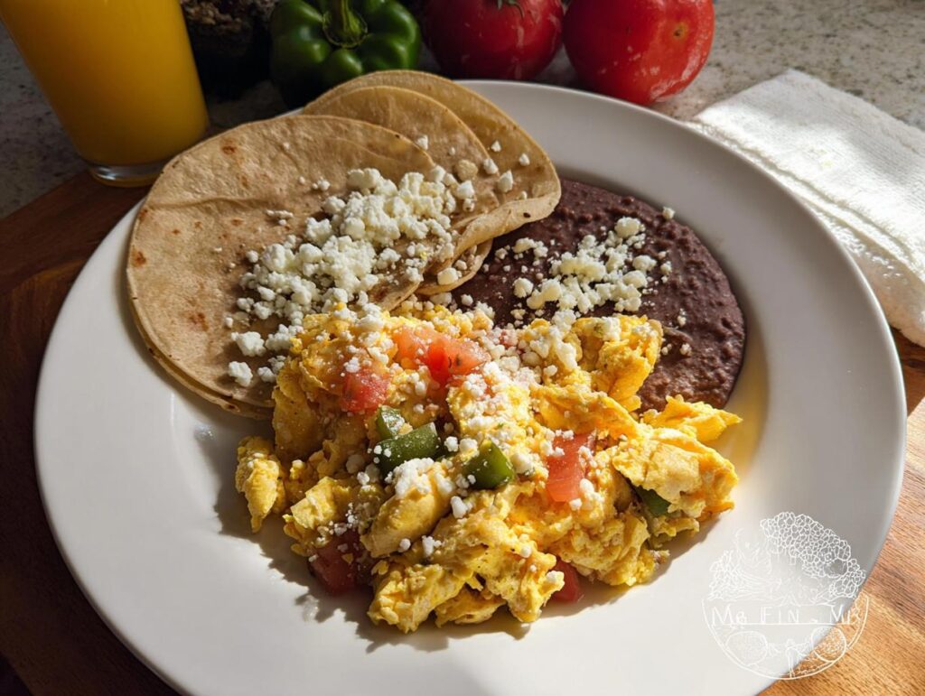 A plate of scrambled Mexican eggs with tomatoes and peppers, served with refried beans and crumbled cheese on tortillas.