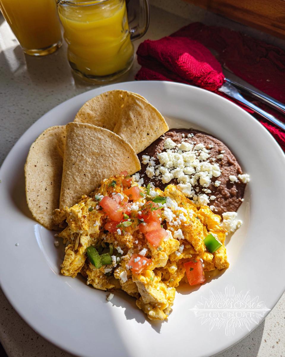 A plate of delicious Mexican Eggs scrambled with peppers and tomatoes, served with refried beans and corn tortillas.