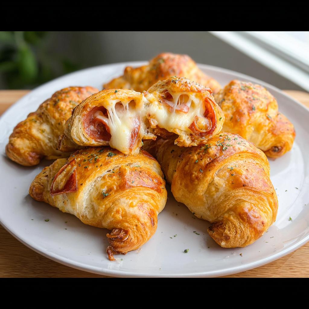 A plate of golden-brown mozzarella pepperoni croissant rolls, one cut in half to reveal melted cheese and pepperoni.