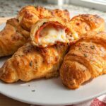 A plate of golden-brown mozzarella pepperoni croissant rolls, with one cut open to reveal melted cheese and pepperoni.