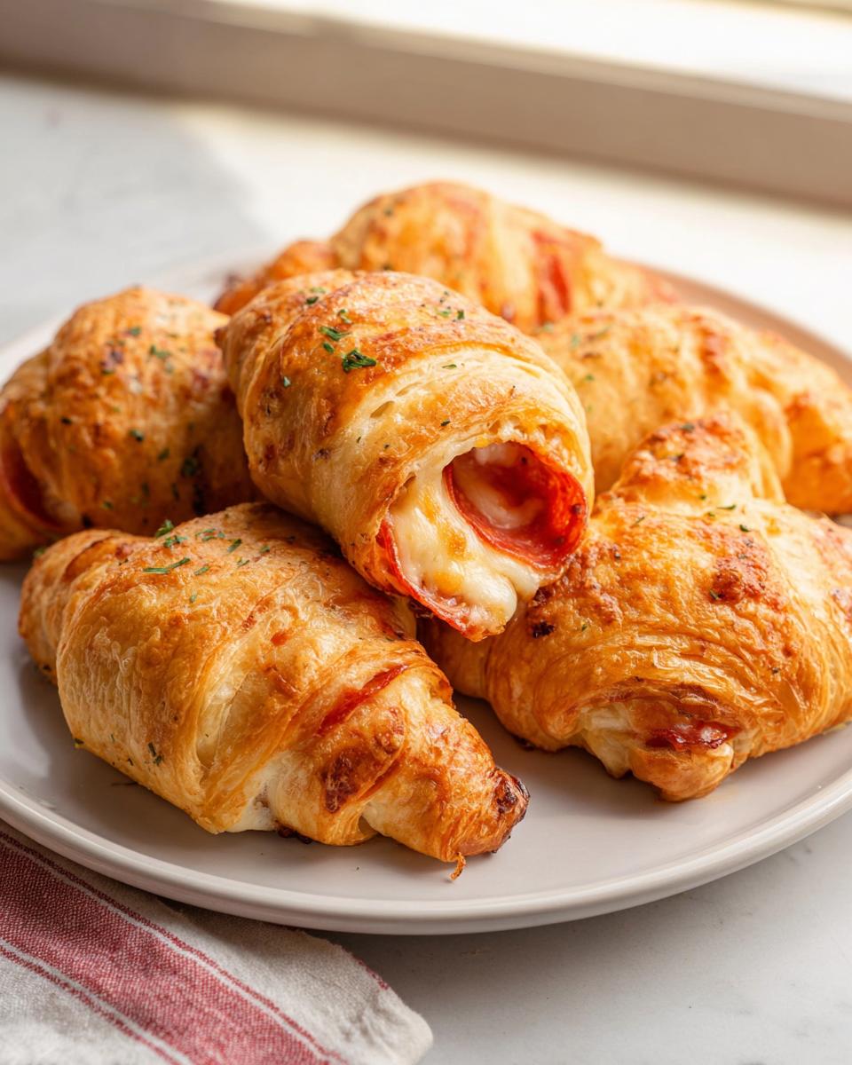 A plate of golden-brown mozzarella pepperoni croissant rolls, one showing gooey cheese and pepperoni inside.