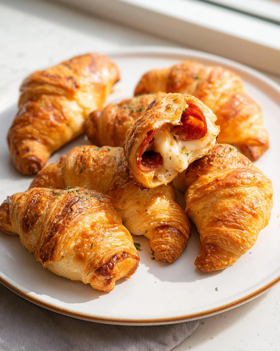 A plate of golden-brown mozzarella pepperoni croissant rolls, with one cut open to reveal melted cheese and pepperoni.