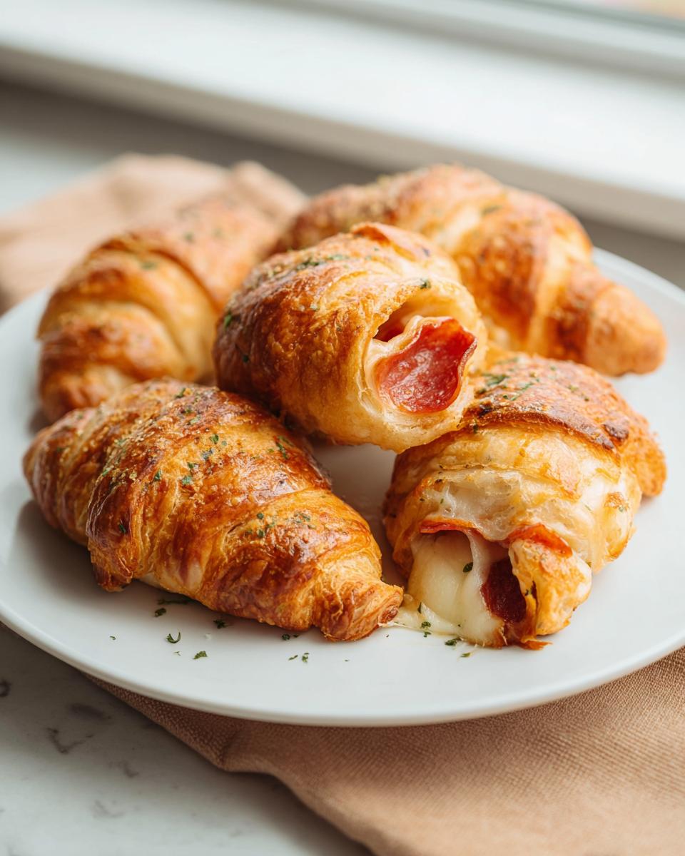 A plate of golden-brown mozzarella pepperoni croissant rolls, with one cut open showing melted cheese and pepperoni.