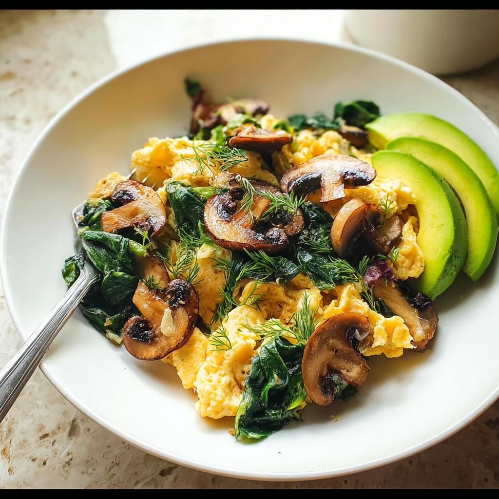 A close-up of fluffy Mushroom Spinach Scrambled Eggs topped with fresh dill and sliced avocado.