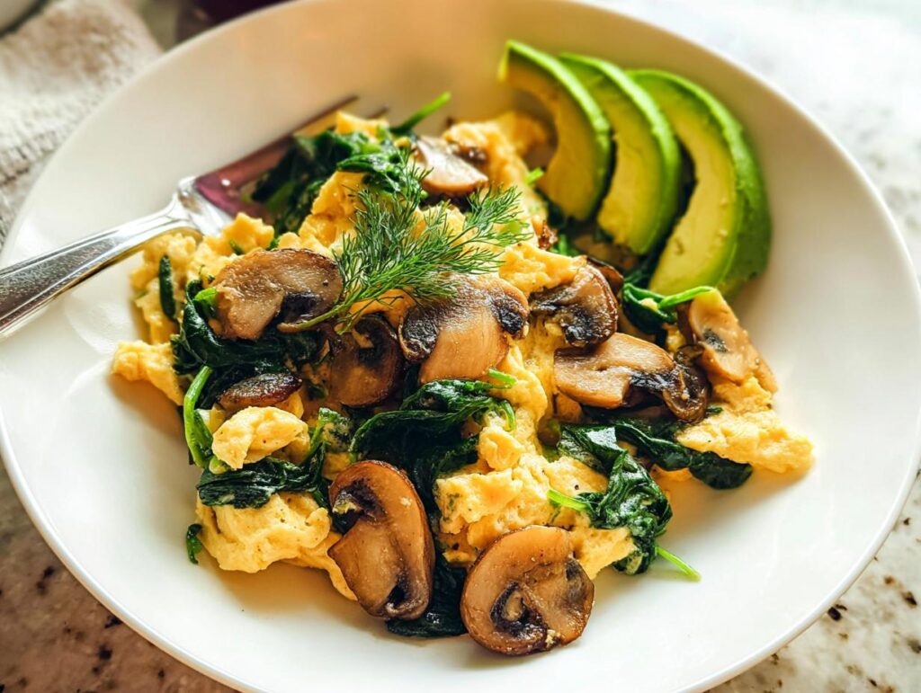 A plate of fluffy Mushroom Spinach Scrambled Eggs topped with fresh dill and sliced avocado.