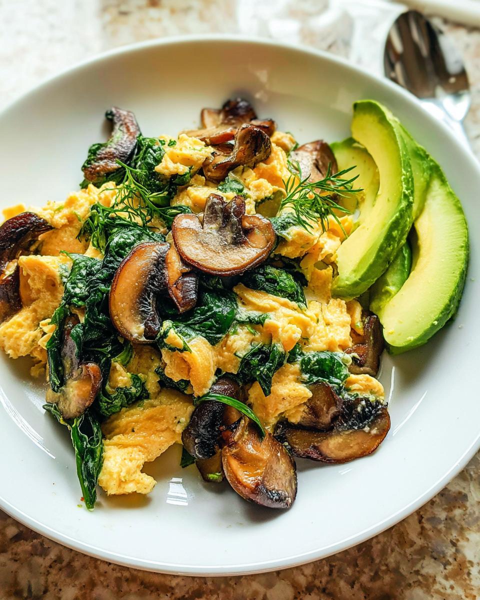 A close-up of fluffy Mushroom Spinach Scrambled Eggs served with sliced avocado and garnished with fresh dill.
