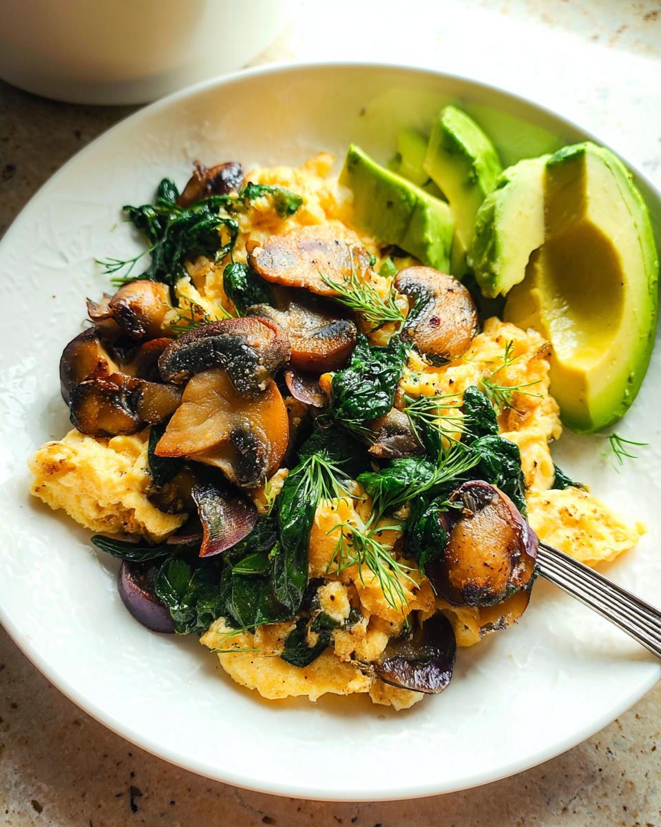 A plate of fluffy Mushroom Spinach Scrambled Eggs topped with fresh dill, served with sliced avocado.