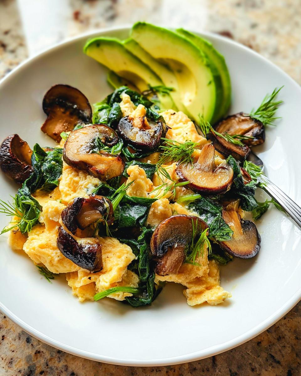 A plate of fluffy Mushroom Spinach Scrambled Eggs served with sliced avocado and fresh dill.