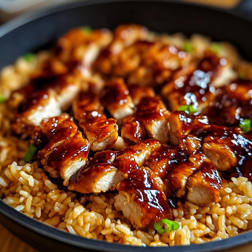 Close-up of sliced chicken breast coated in glossy honey BBQ sauce served over fluffy rice in a pan. One-Pan Honey BBQ Chicken Rice.