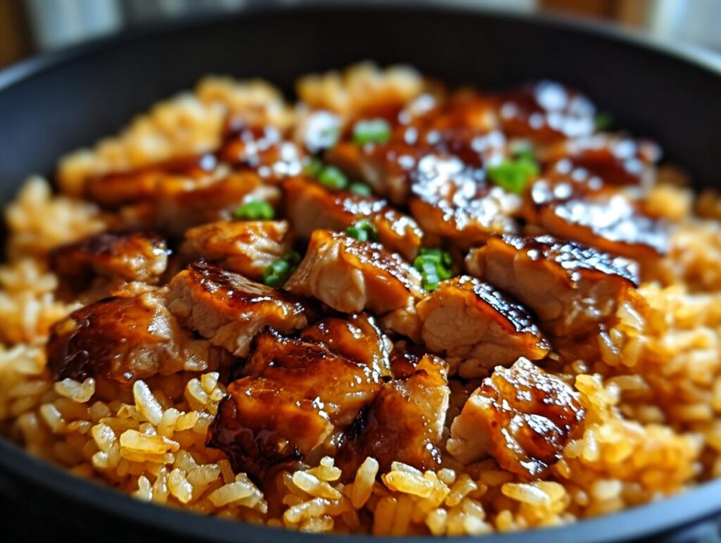 Close-up of a one-pan honey BBQ chicken rice dish, featuring glazed chicken pieces over fluffy rice.
