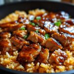 Close-up of a one-pan honey BBQ chicken rice dish, featuring glazed chicken pieces over fluffy rice.