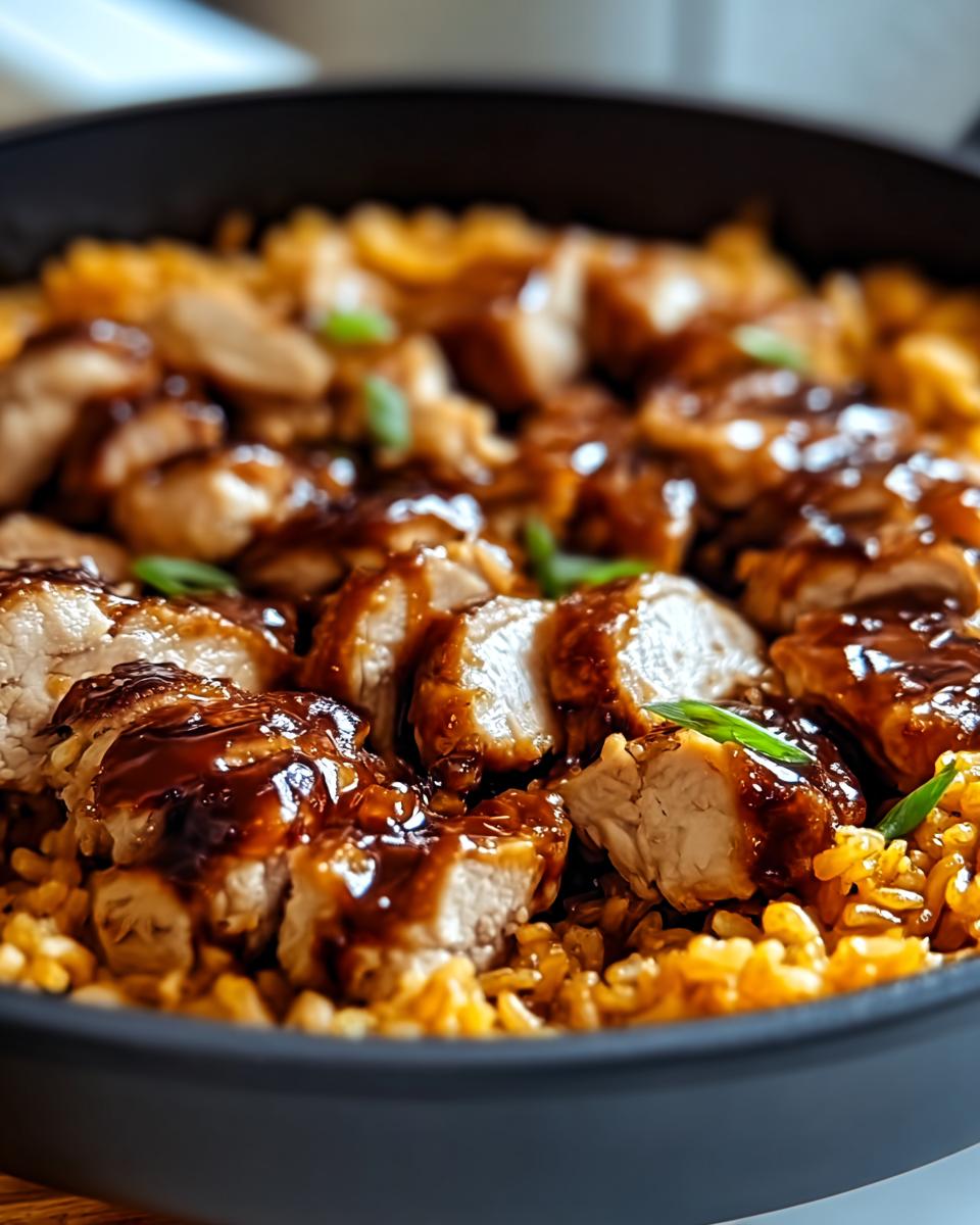 Close-up of a pan filled with One-Pan Honey BBQ Chicken Rice, featuring sliced chicken breast coated in BBQ sauce and fluffy rice.