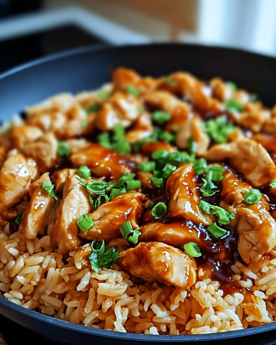A close-up view of one-pan honey BBQ chicken rice in a skillet, topped with chopped green onions.