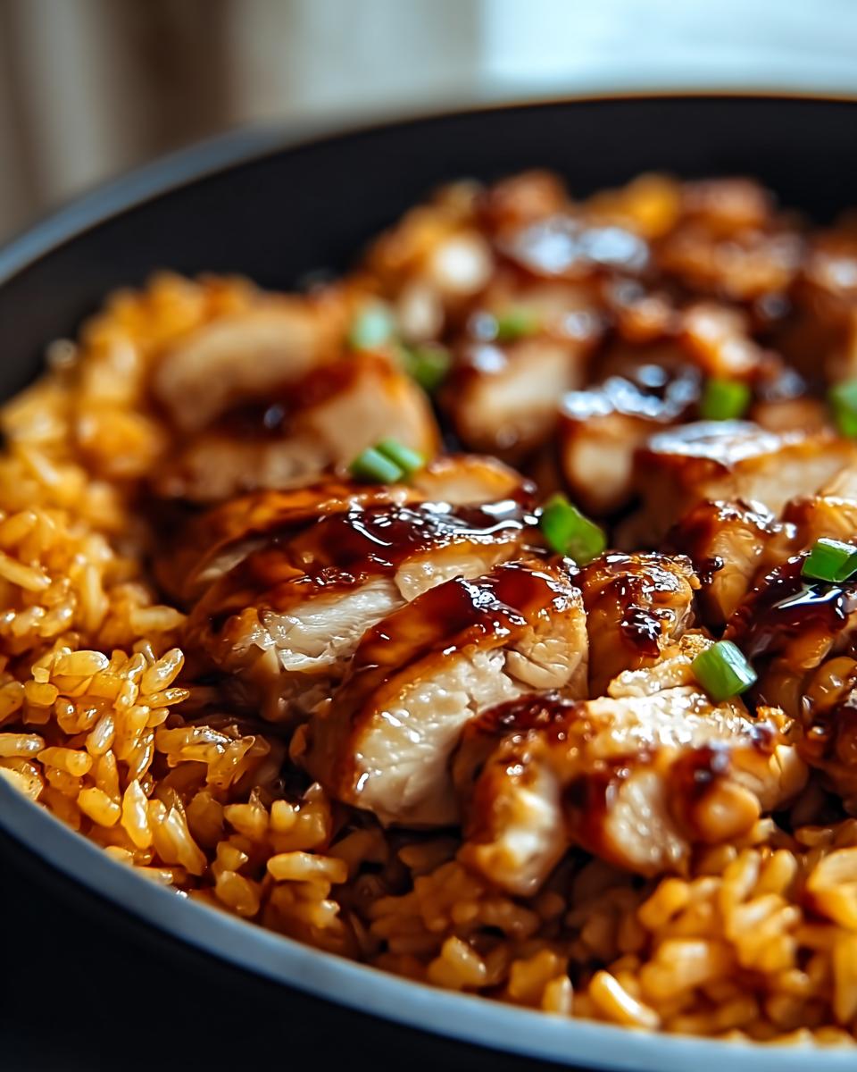 Close-up of sliced chicken glazed with honey BBQ sauce served over rice, garnished with green onions. One-Pan Honey BBQ Chicken Rice.