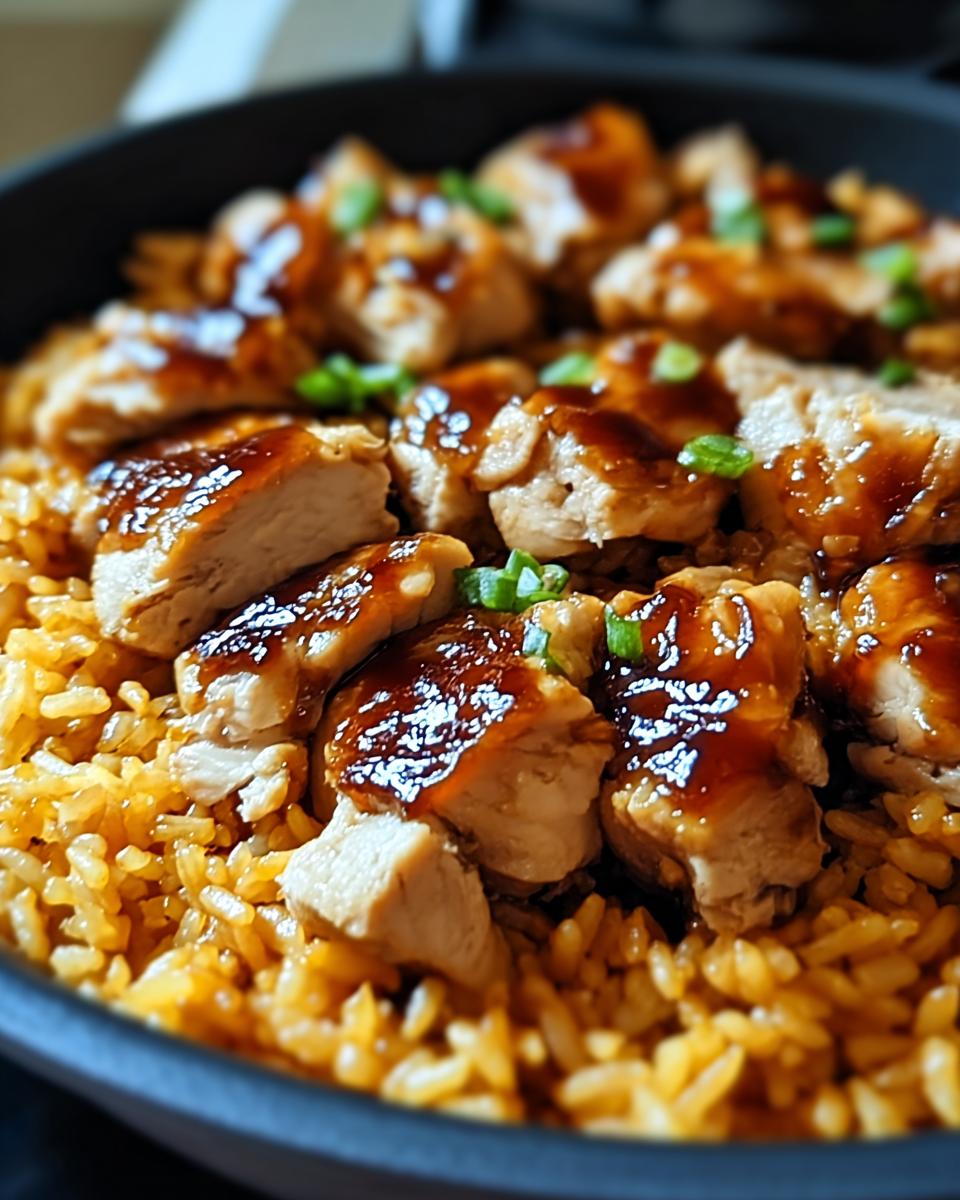 Close-up of juicy chicken pieces coated in honey BBQ sauce served over fluffy rice, garnished with green onions. One-Pan Honey BBQ Chicken Rice.
