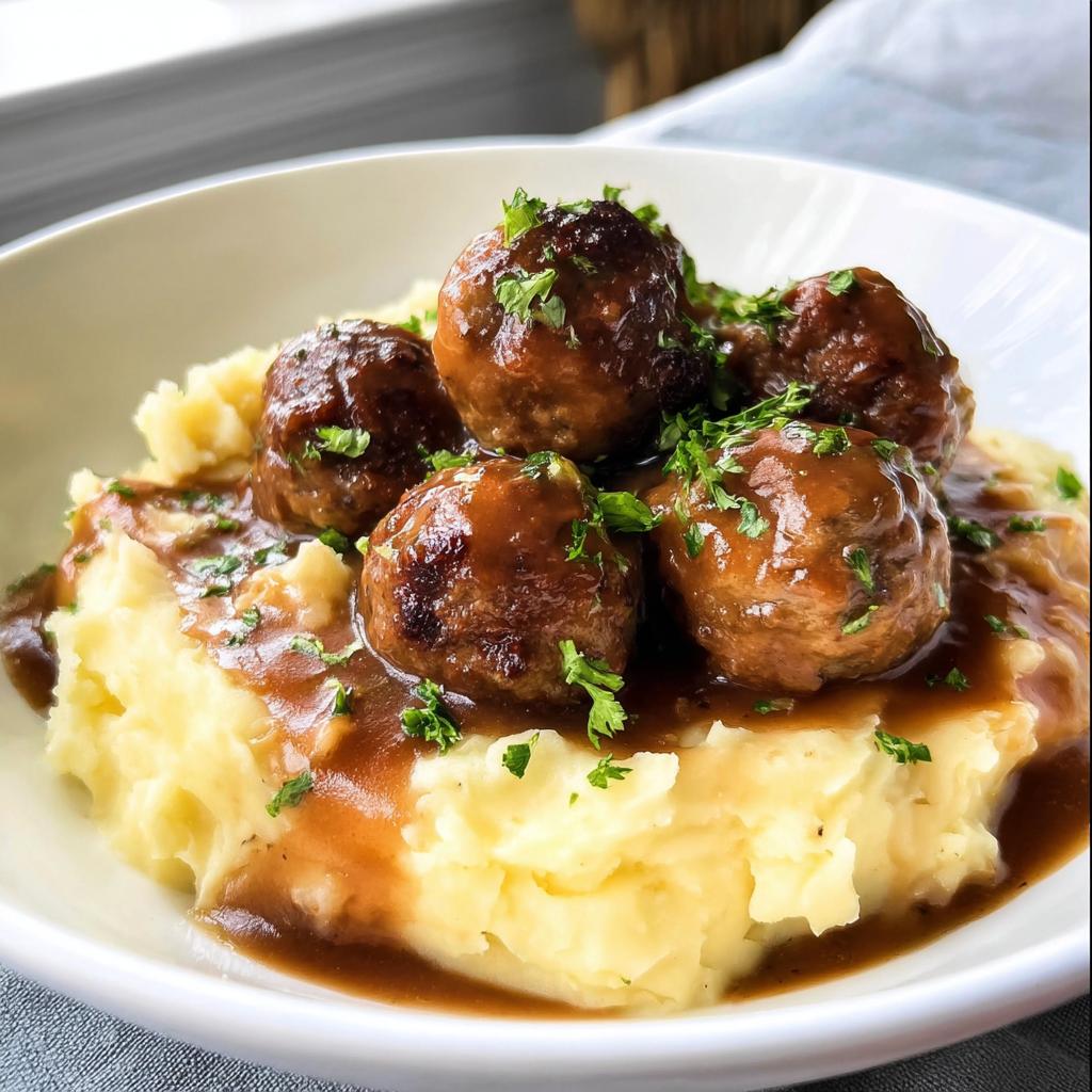 Close-up of Salisbury steak meatballs smothered in gravy, served over fluffy garlic herb mashed potatoes and garnished with parsley.
