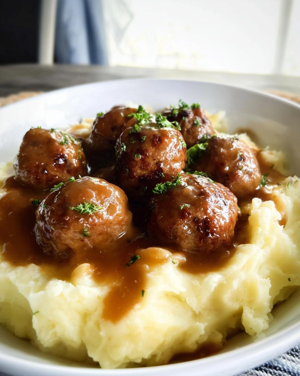 Close-up of Salisbury Steak Meatballs served over creamy garlic herb mashed potatoes, garnished with parsley.