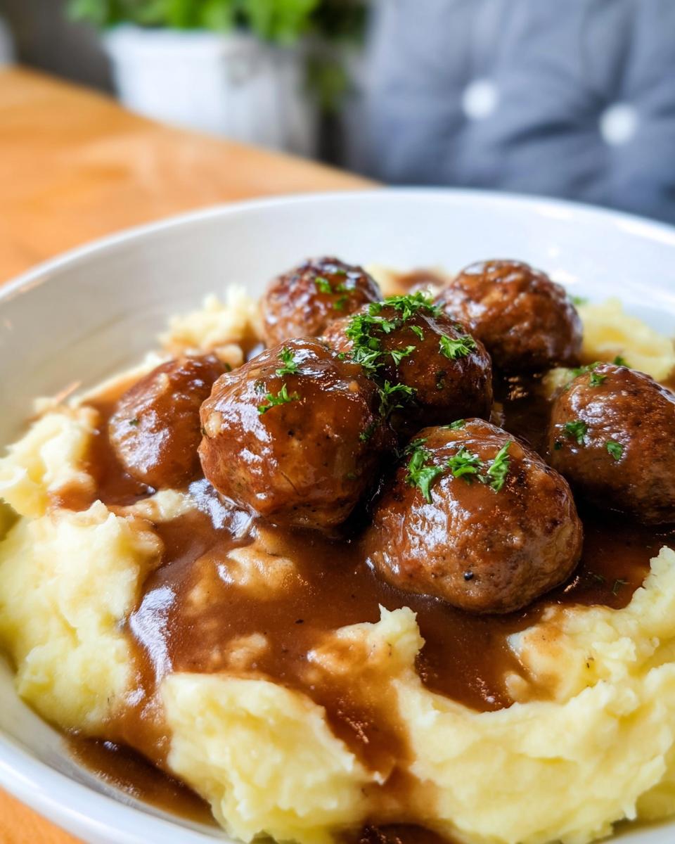 A close-up of Salisbury steak meatballs smothered in gravy, served over creamy garlic herb mashed potatoes and garnished with parsley.