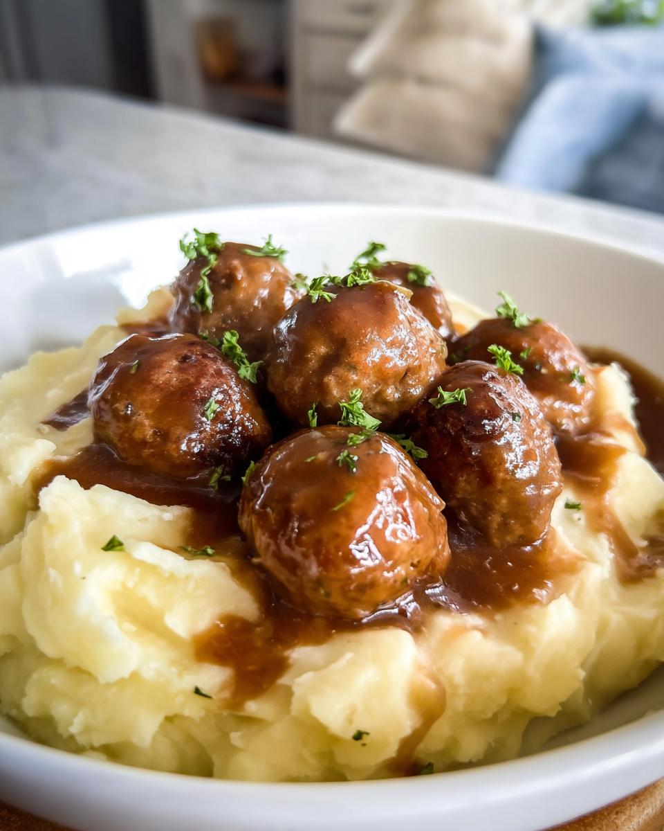 Close-up of Salisbury Steak Meatballs served over fluffy Garlic Herb Mashed Potatoes, drizzled with gravy and garnished with parsley.
