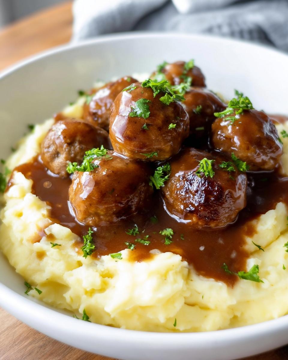 Close-up of Salisbury steak meatballs in gravy served over garlic herb mashed potatoes, garnished with parsley.