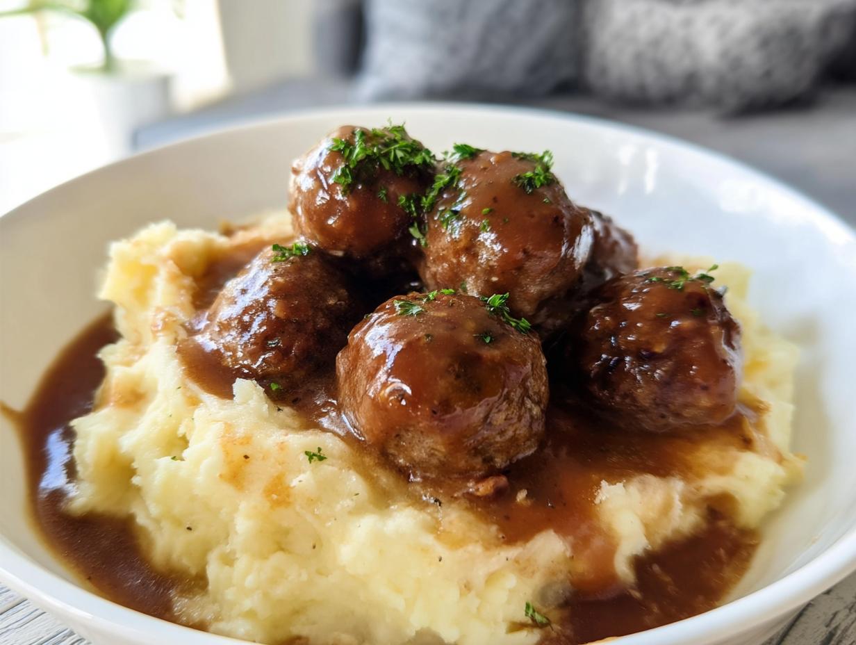 A bowl of Salisbury Steak Meatballs with Garlic Herb Mashed Potatoes, topped with fresh parsley.