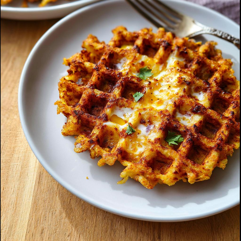 A golden-brown savory hashbrown chaffle topped with a runny egg and garnished with parsley.