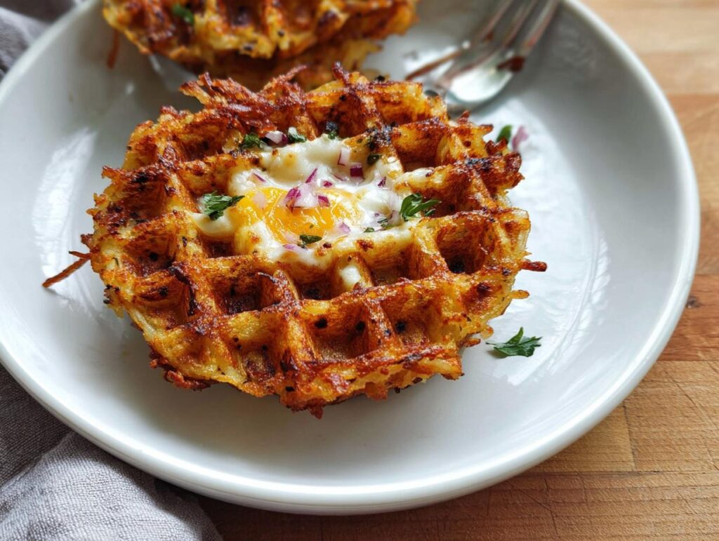 A golden-brown savory hashbrown chaffle with a fried egg and red onion in the center, garnished with parsley.