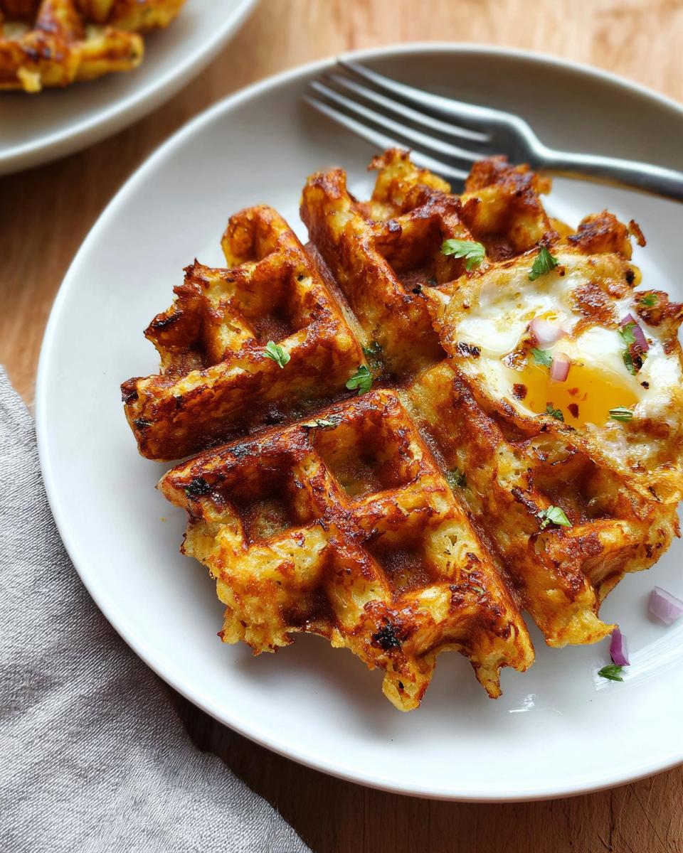 A golden brown savory hashbrown chaffle topped with a perfectly fried egg and chopped red onion.