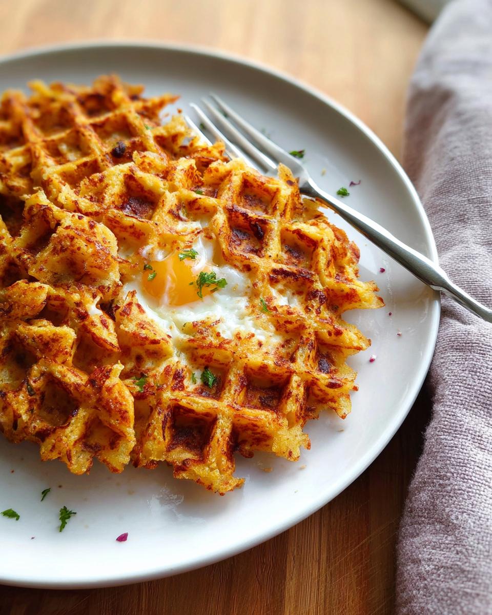 A close-up of a savory hashbrown chaffle with a perfectly cooked egg in the center, topped with fresh herbs.