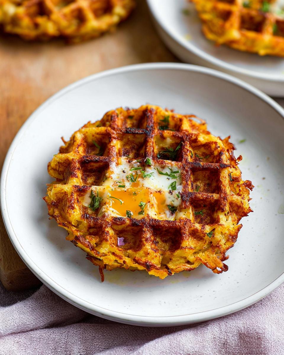 A close-up of a savory hashbrown chaffle with a perfectly cooked egg in the center, topped with fresh herbs.