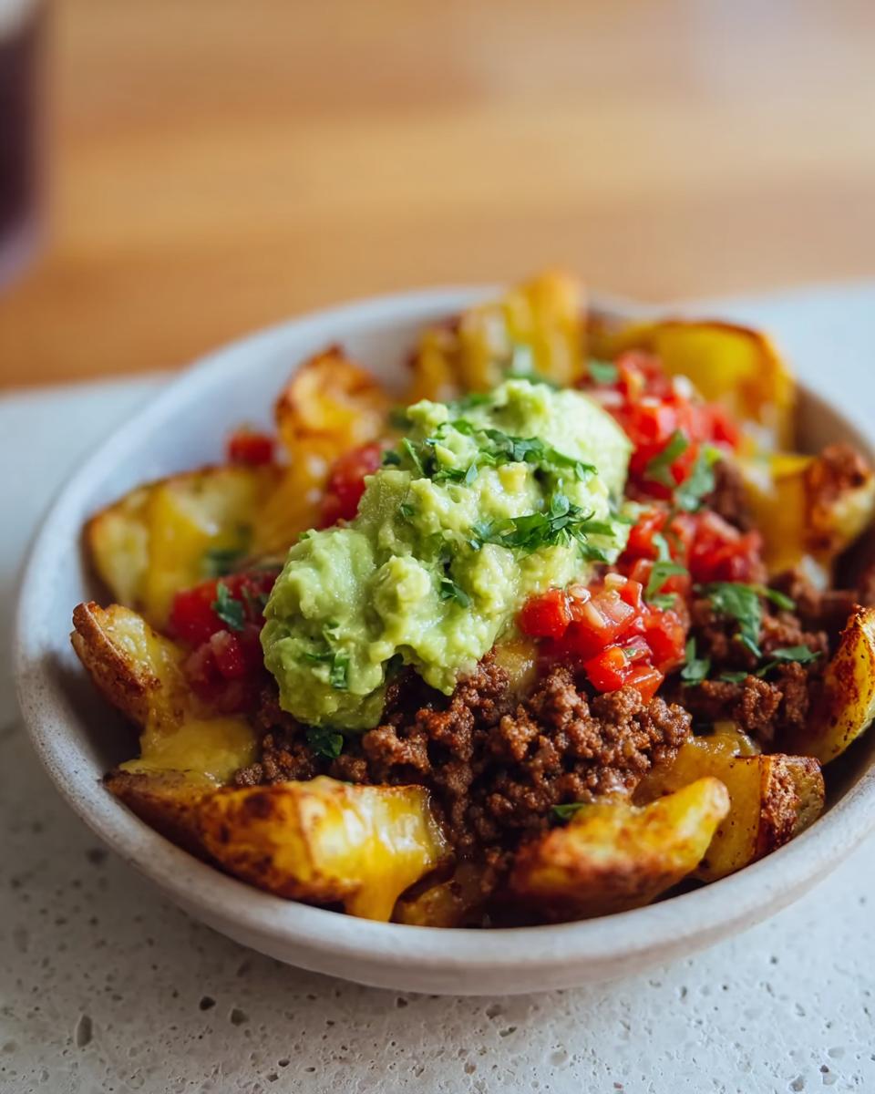 A close-up of a Schnelle Kartoffel Taco Bowl topped with seasoned ground meat, pico de gallo, and guacamole.