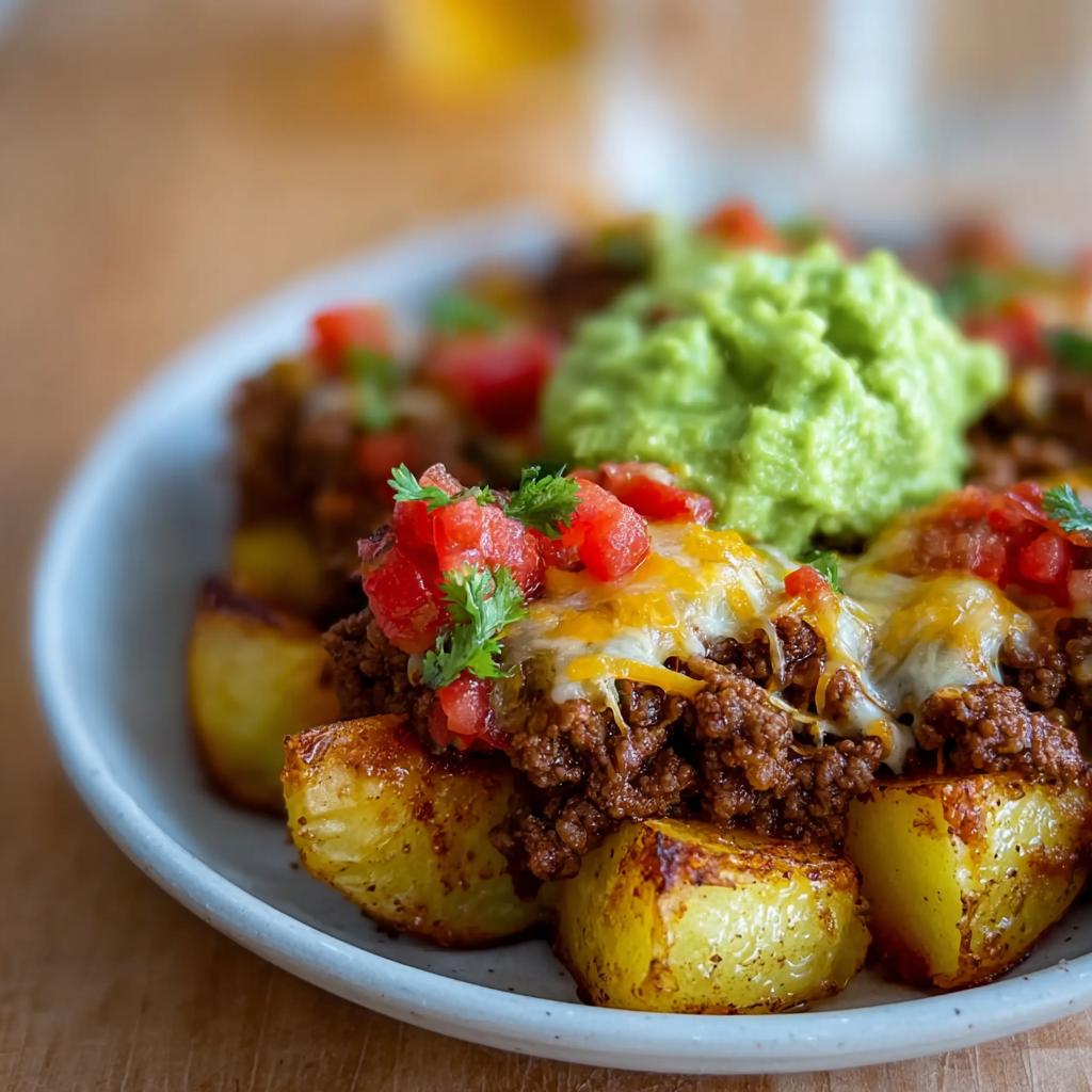 Close-up of Schnelle Kartoffel Taco Bowl Meal Prep with seasoned potatoes, ground beef, cheese, tomatoes, and guacamole.