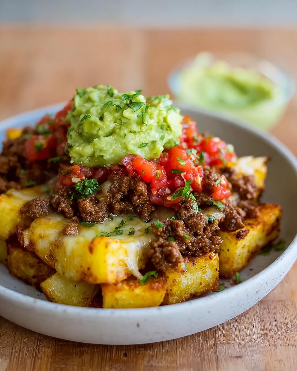 A close-up of a Schnelle Kartoffel Taco Bowl Meal Prep, featuring golden fried potatoes topped with seasoned ground meat, melted cheese, diced tomatoes, and guacamole.