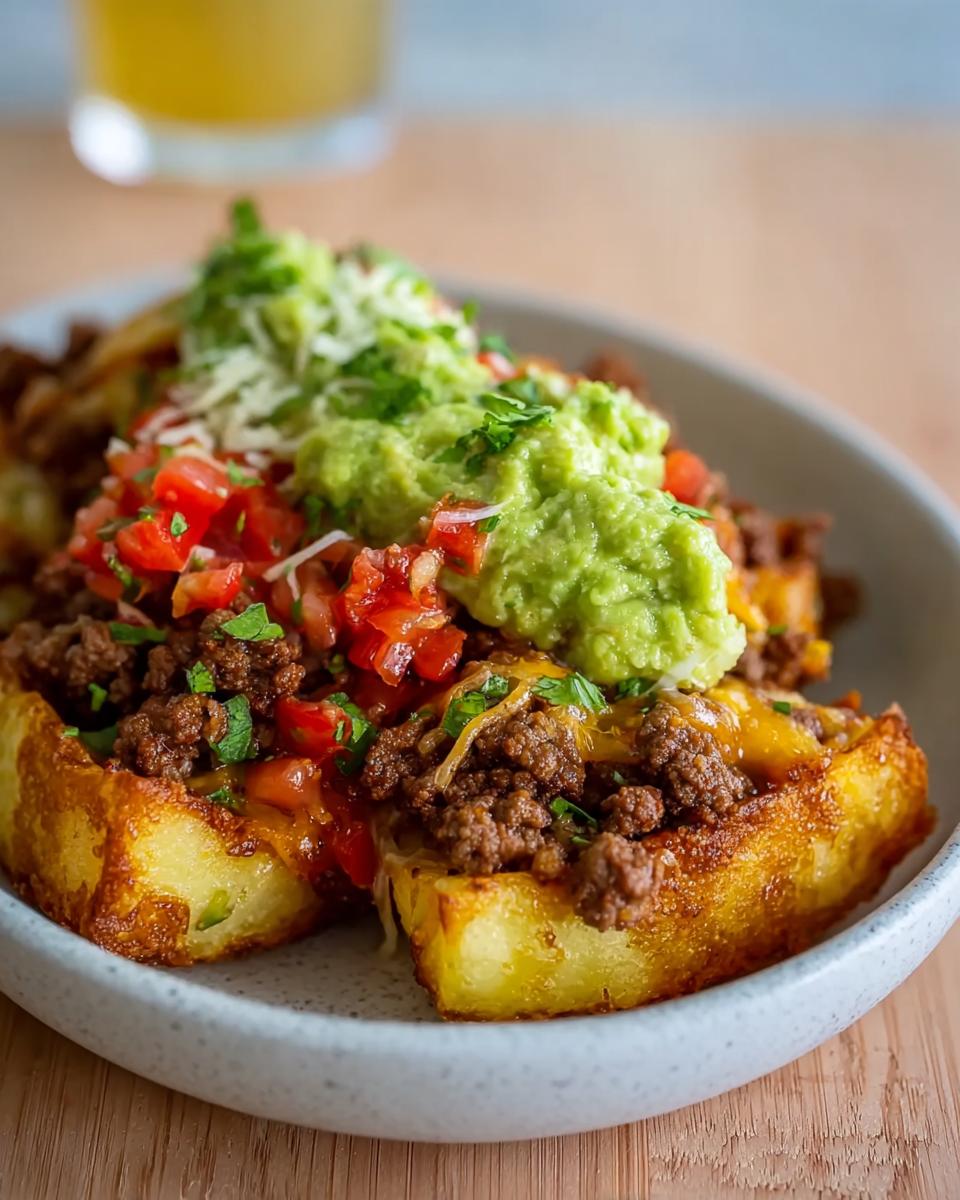 A close-up of a Schnelle Kartoffel Taco Bowl Meal Prep, featuring seasoned ground beef, pico de gallo, and guacamole on a potato base.