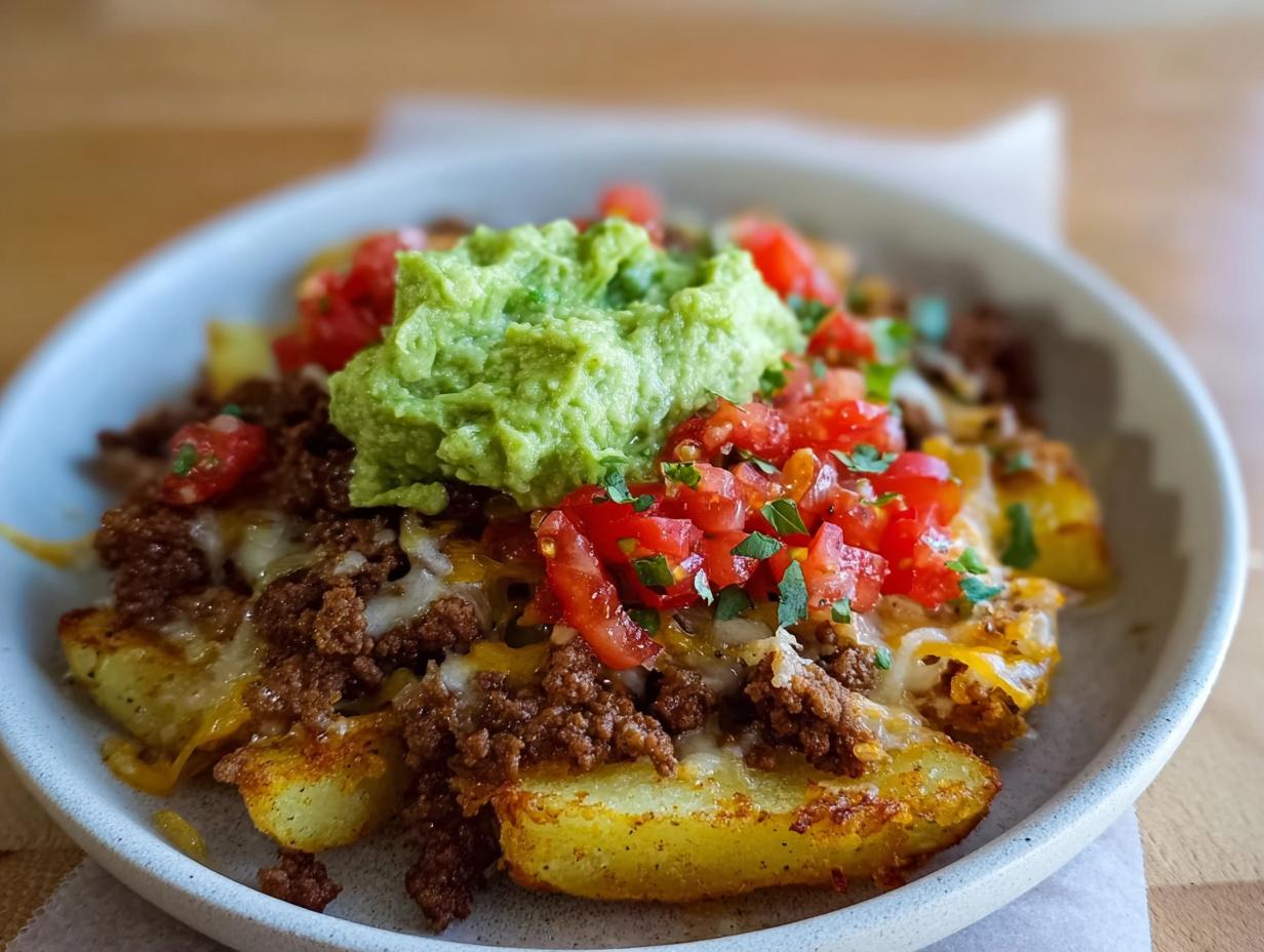 A close-up of a Schnelle Kartoffel Taco Bowl Meal Prep, featuring seasoned potatoes topped with seasoned ground meat, cheese, diced tomatoes, and guacamole.
