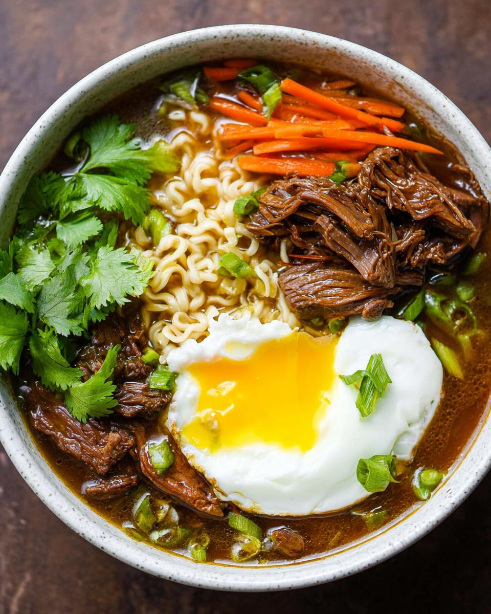 A close-up of a bowl of Slow Cooker Beef Ramen Noodles, featuring tender beef, ramen noodles, a soft-boiled egg, shredded carrots, and green onions.