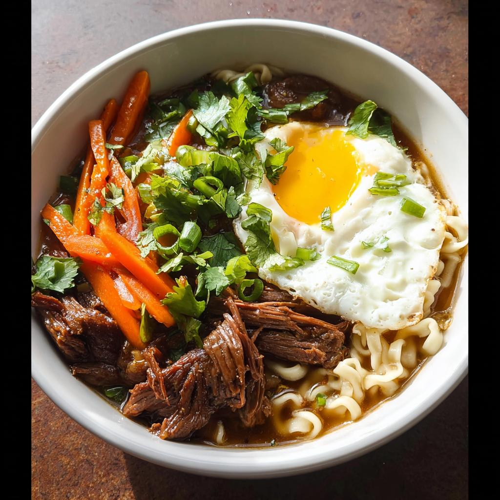 A delicious bowl of Slow Cooker Beef Ramen Noodles topped with a fried egg, shredded carrots, and fresh herbs.