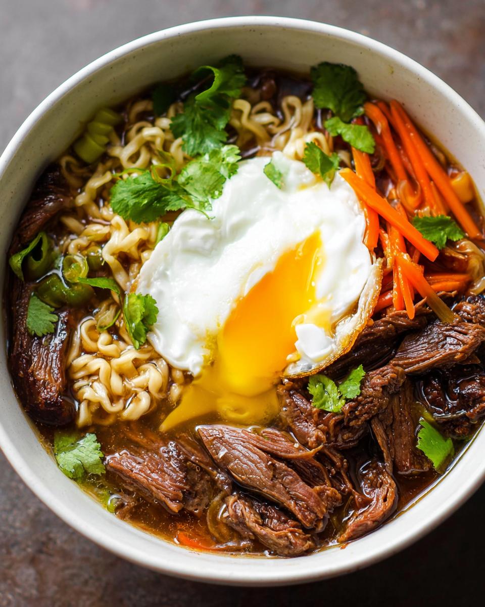 A bowl of Slow Cooker Beef Ramen Noodles topped with a perfectly poached egg, shredded carrots, and fresh cilantro.