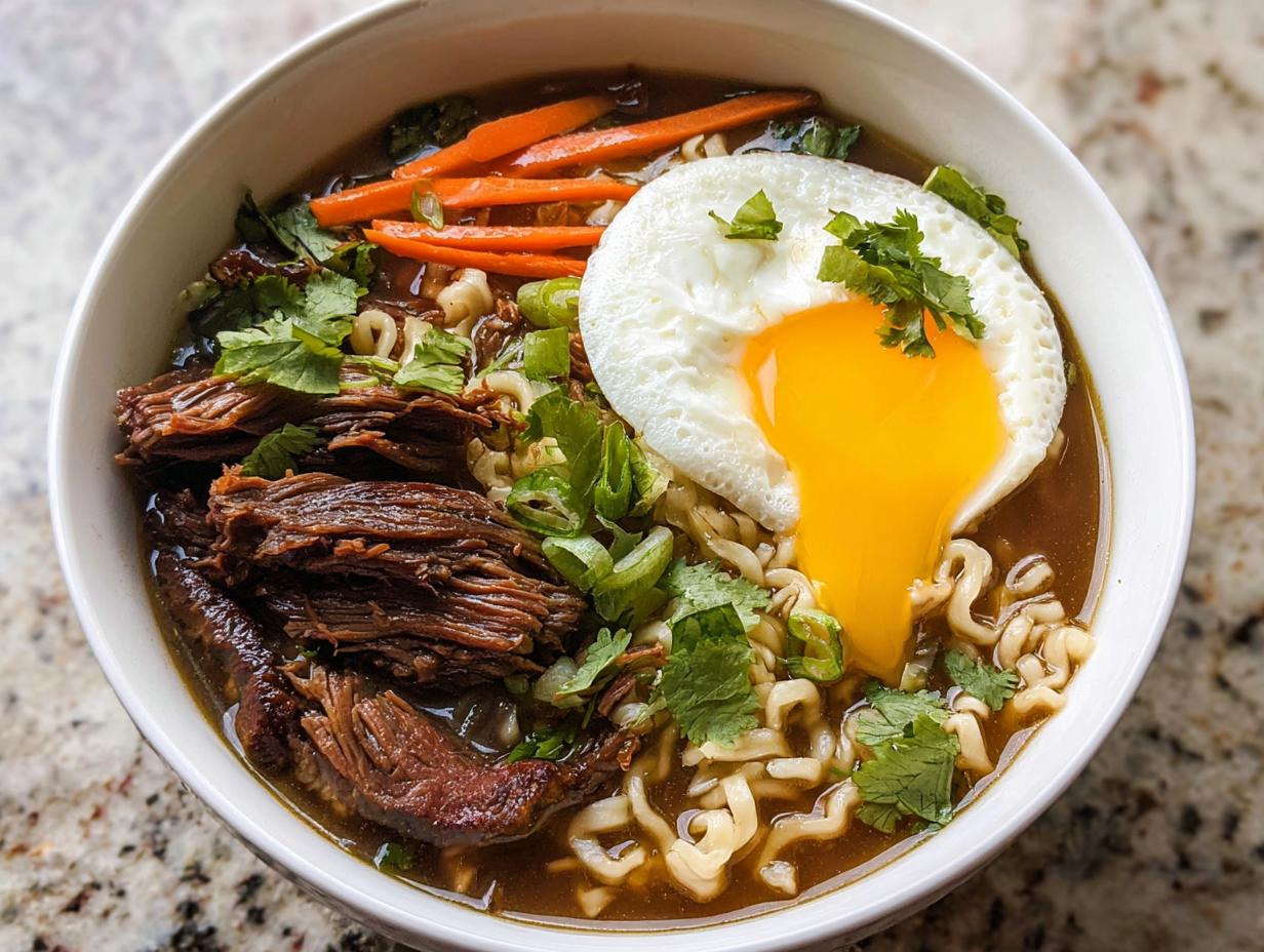 A steaming bowl of Slow Cooker Beef Ramen Noodles topped with a fried egg, shredded beef, carrots, and green onions.