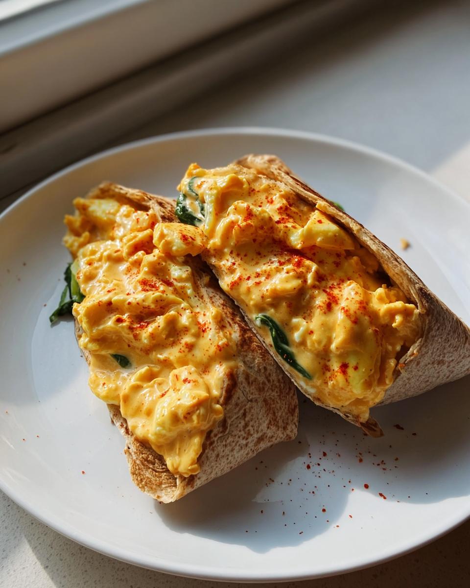 Two Spicy Buffalo Chicken Wraps filled with scrambled eggs, spinach, and topped with paprika.
