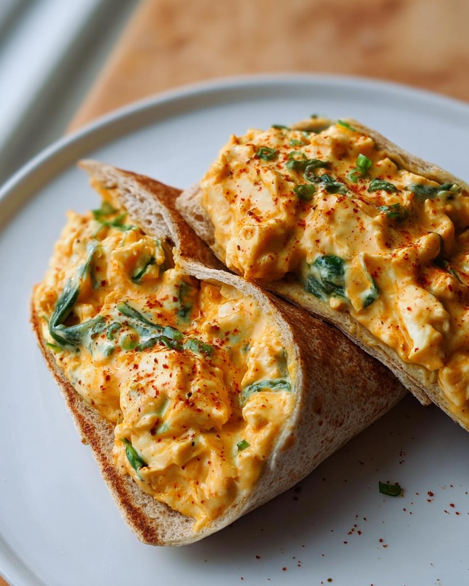 Two halves of a Spicy Buffalo Chicken Wrap filled with creamy chicken mixture and green onions.