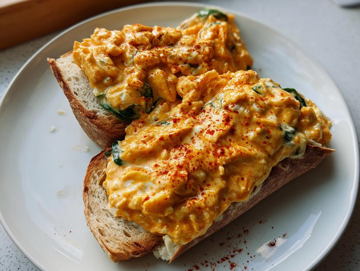 Close-up of spicy buffalo chicken filling piled high on two slices of toasted bread for Spicy Buffalo Chicken Wraps for Two.