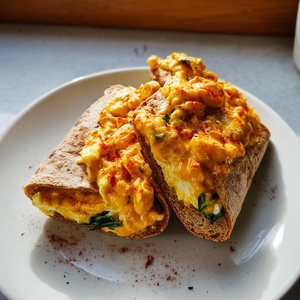 Two halves of a Spicy Buffalo Chicken Wrap, filled with creamy chicken mixture and greens, on a white plate.