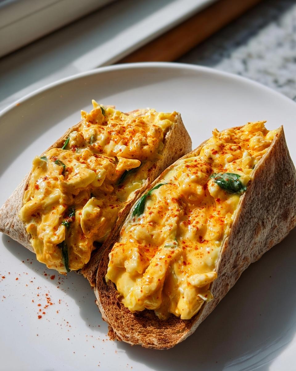 Two halves of a toasted roll filled with creamy, spicy buffalo chicken mixture, sprinkled with paprika.