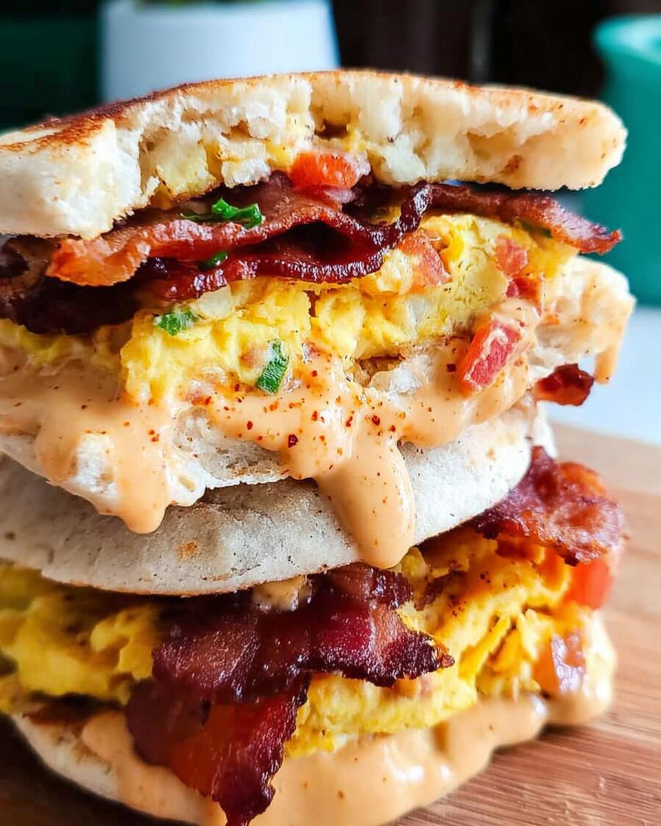 Close-up of a stacked Spicy Chipotle Egg Breakfast Sandwich with crispy bacon, scrambled eggs, and a creamy sauce.