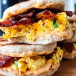 Close-up of a stack of Spicy Chipotle Egg Breakfast Sandwiches with scrambled eggs, bacon, and chipotle sauce on English muffins.