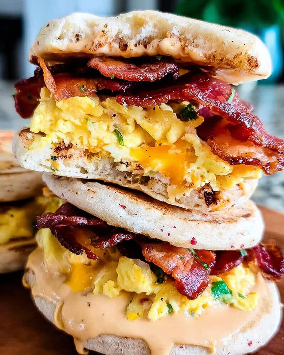 Stack of Spicy Chipotle Egg Breakfast Sandwiches with crispy bacon and melted cheese on English muffins.