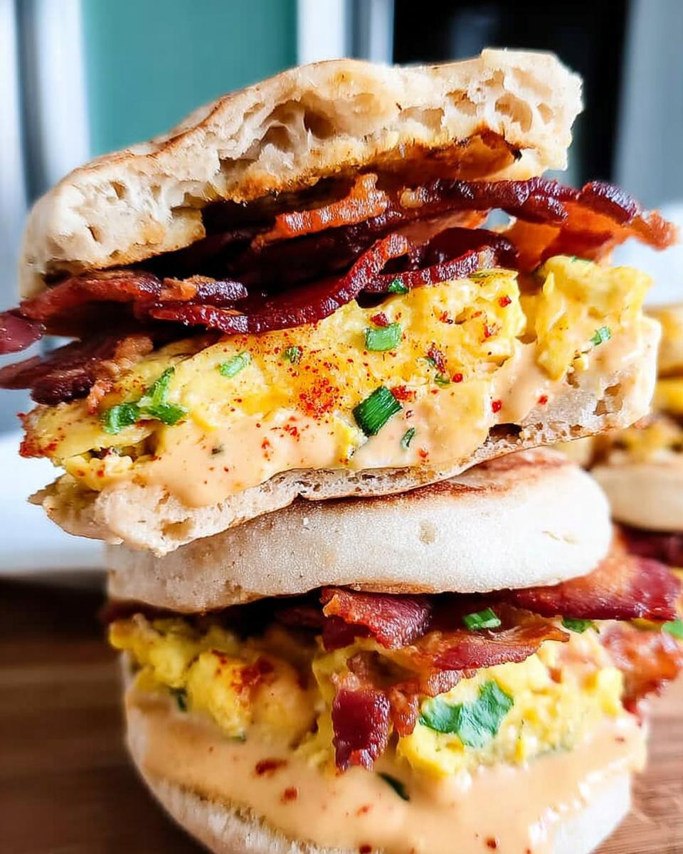 A stack of two Spicy Chipotle Egg Breakfast Sandwiches with crispy bacon, scrambled eggs, and a creamy sauce.