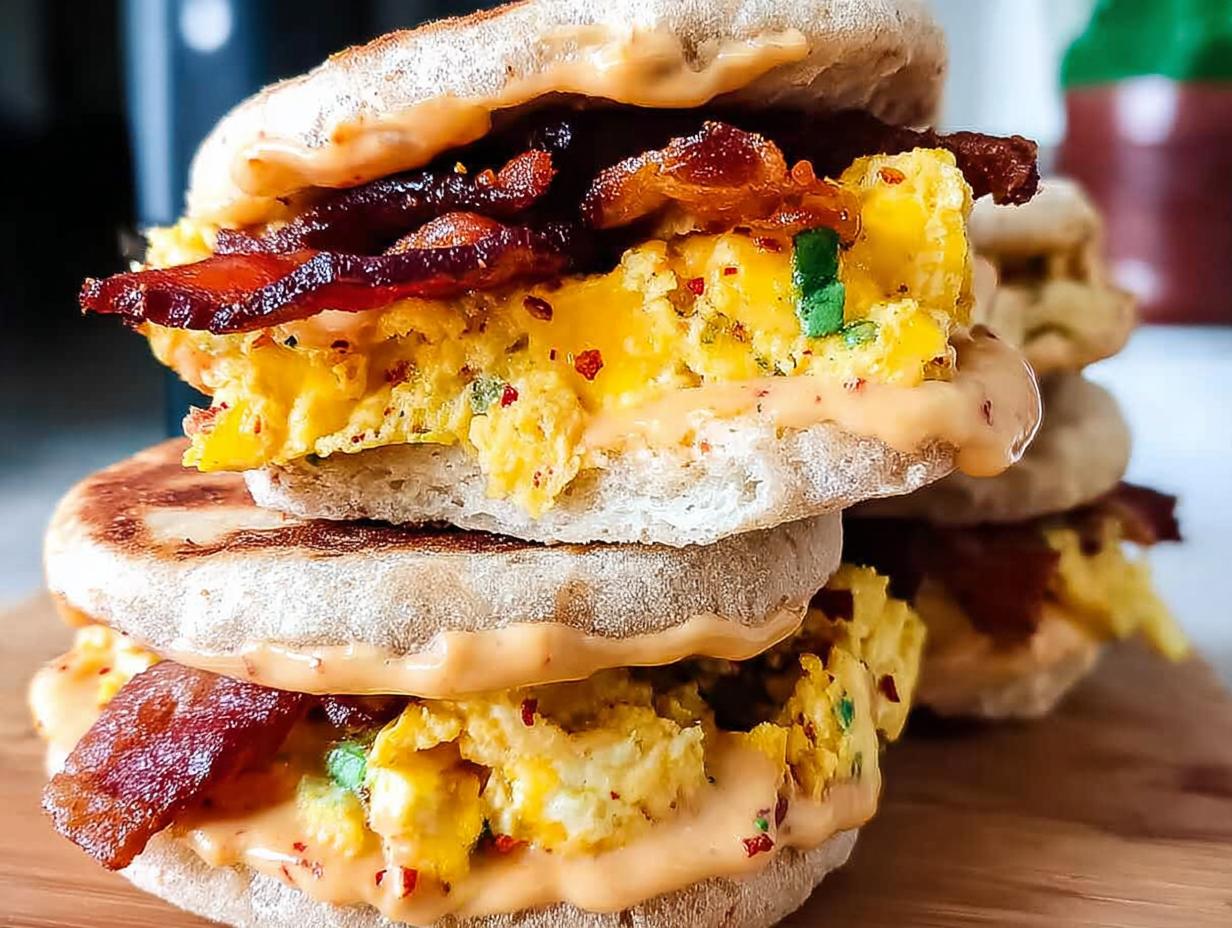 Close-up of a stack of Spicy Chipotle Egg Breakfast Sandwiches with scrambled eggs, bacon, and chipotle sauce on English muffins.