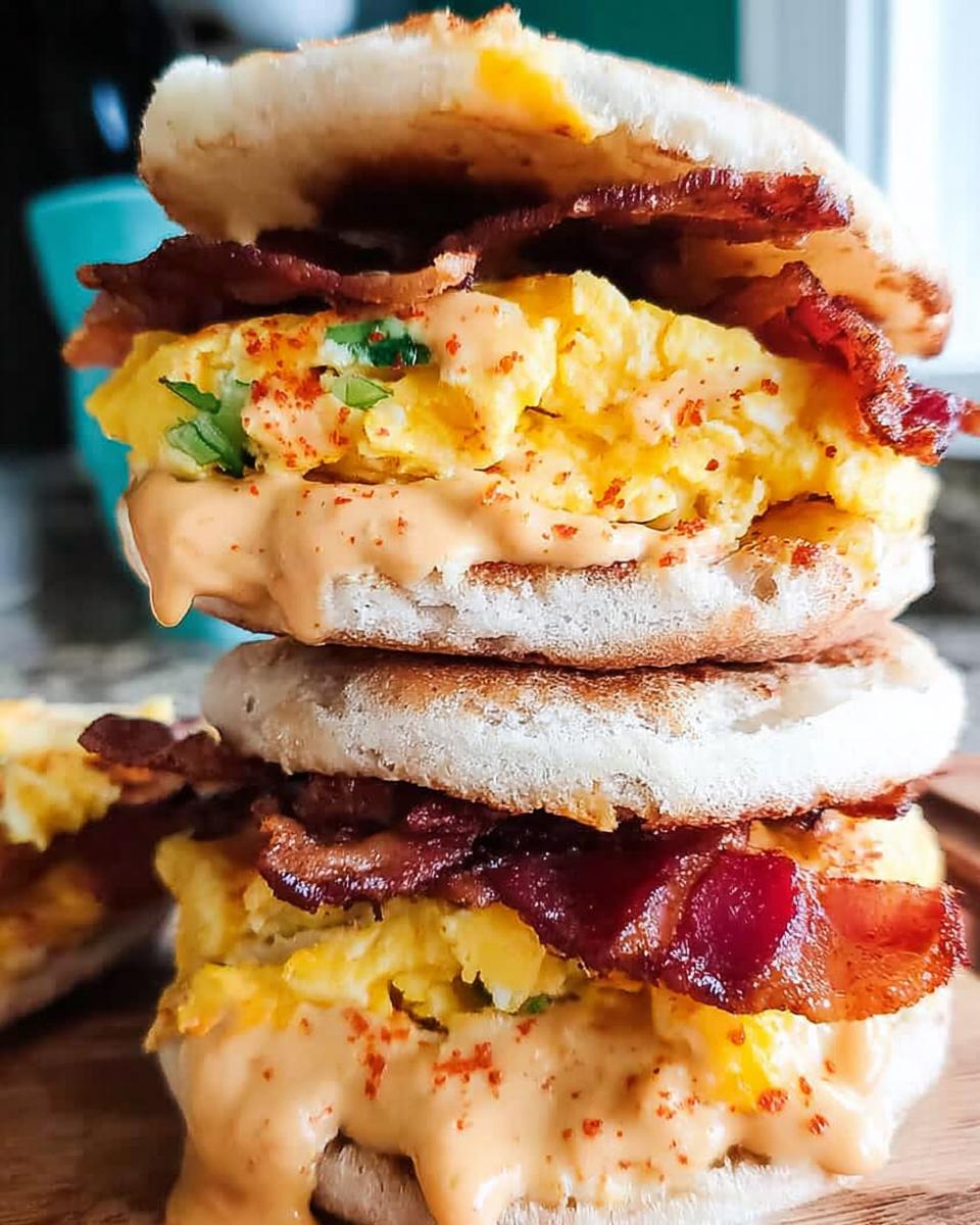 Close-up of a stack of two Spicy Chipotle Egg Breakfast Sandwiches with bacon and chipotle sauce.